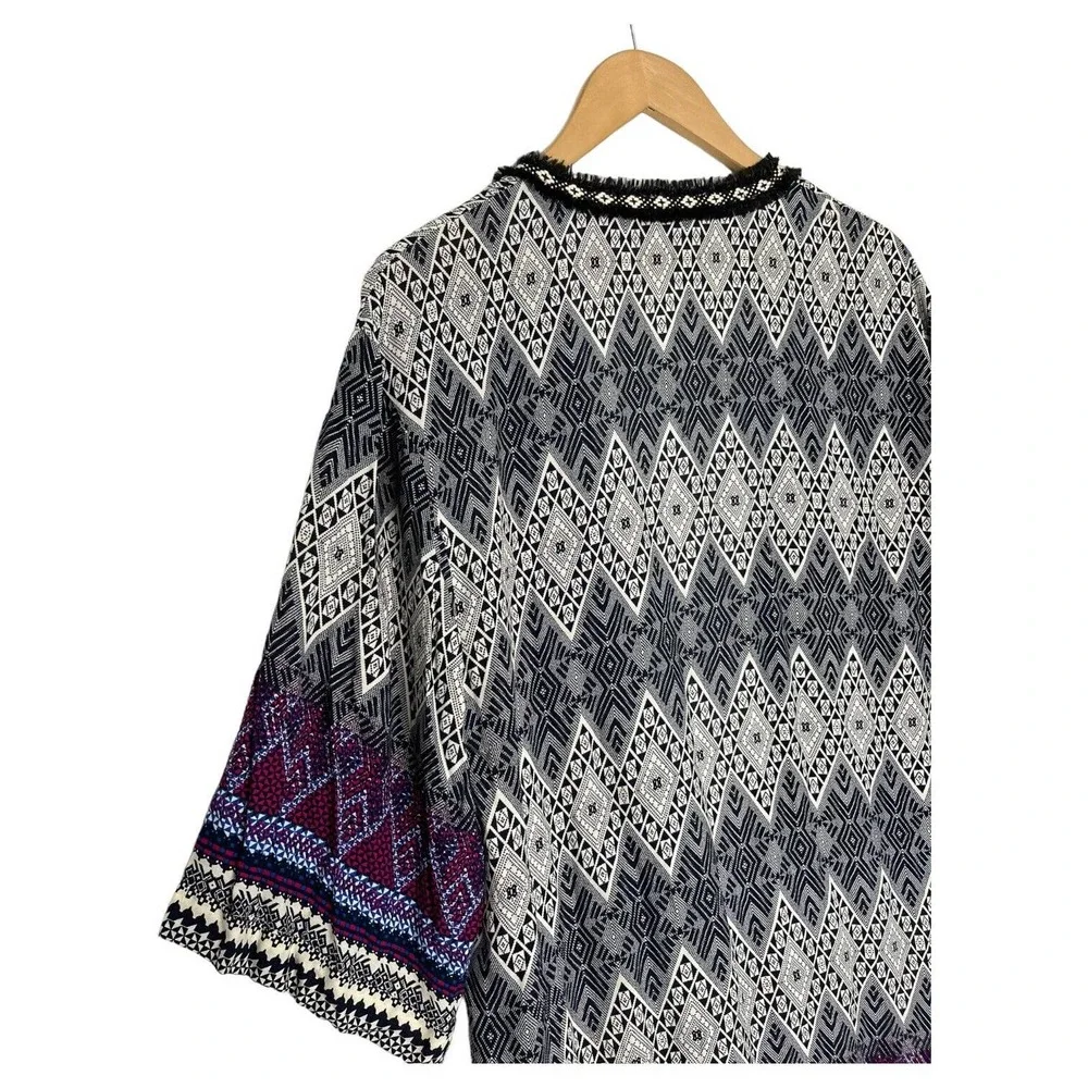 Umgee Kimono Womens Open Front Fringe Embroidery Half Sleeve Aztec Black M/L